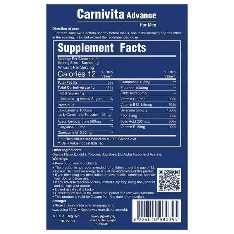 Eva pharma carnivita advance oral powder sachets for men, pack of 30's
