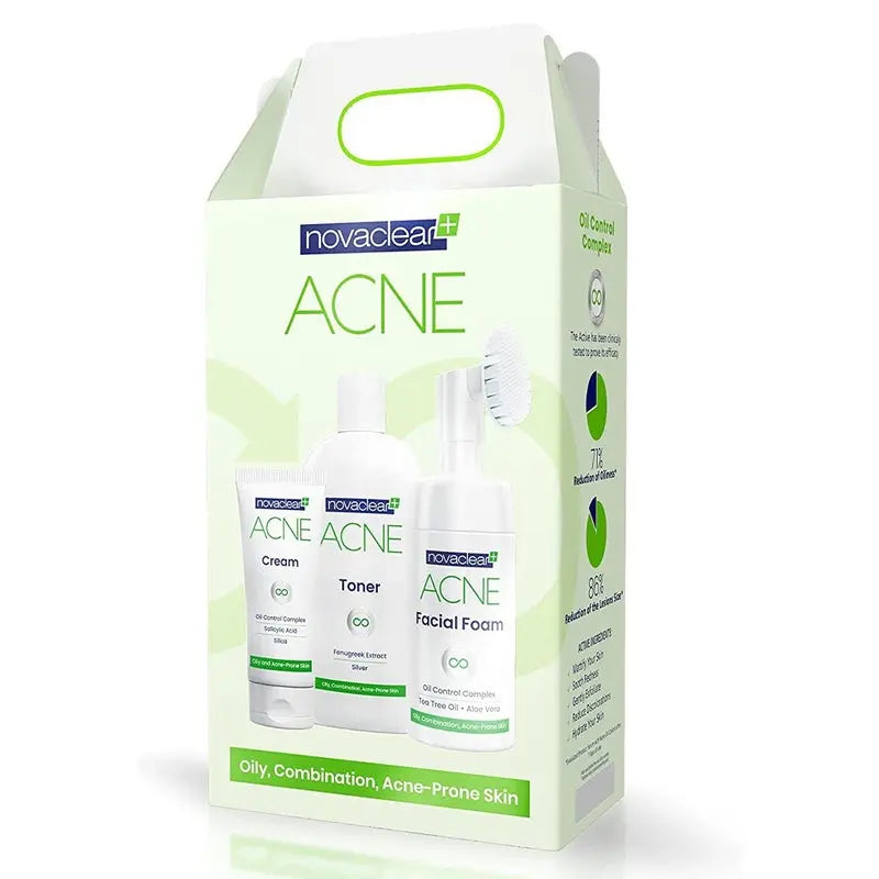 Novaclear Acne Kit With Acne Facial Foam 100ml + Acne Toner 150ml + Acne Cream For Oily, Combination & Acne-Prone Skin 40ml Novaclear