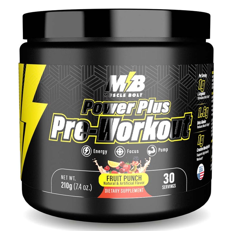 Muscle Bolt Power Plus Pre-Workout Supplement Powder With L- Arginine, Beta Alanine & Creatine Monohydrate - Fruit Punch 210g Muscle Bolt
