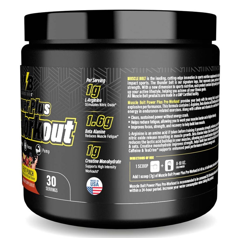 Muscle Bolt Power Plus Pre-Workout Supplement Powder With L- Arginine, Beta Alanine & Creatine Monohydrate - Fruit Punch 210g Muscle Bolt
