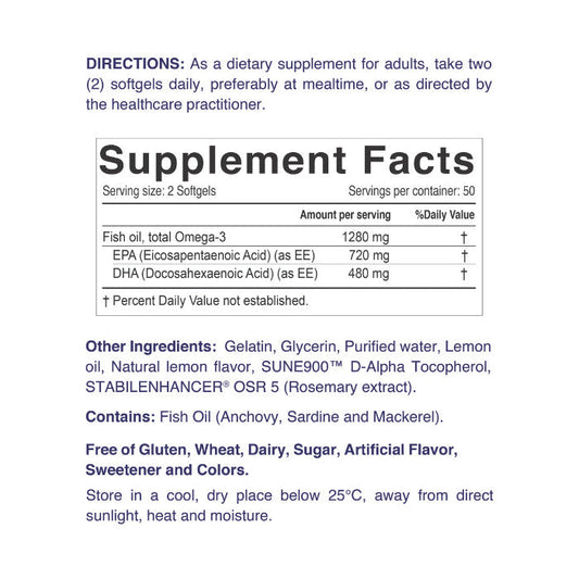 Nordic Sunshine High Potency Omega-3 1280mg - Heart, Brain, Joint & Skin Support, Triple Strength - 100 Softgels Nordic Sunshine