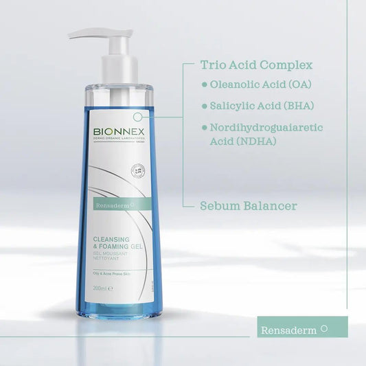Bionnex Rensaderm Cleansing & Foaming Gel Cleanser for Oily and Acne-Prone Skin with Trio-Acid Complex - 200ml Bionnex