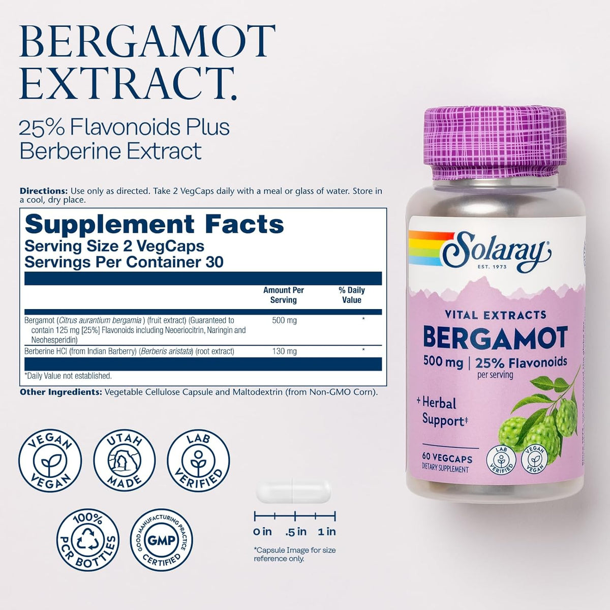 Solaray Bergamot Advanced Formula, Cardiovascular Support Fruit Extract, Veg Cap 500mg, Solaray