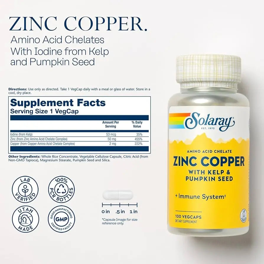 Solaray Amino Acid Chelate Zinc Copper Veg Capsules With Kelp & Pumpkin Seed For Healthy Immune System, Pack of 100's Solaray