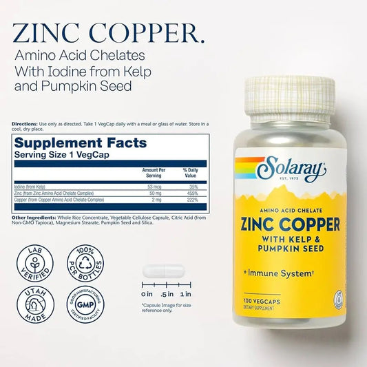Solaray Amino Acid Chelate Zinc Copper Veg Capsules With Kelp & Pumpkin Seed For Healthy Immune System, Pack of 100's Solaray