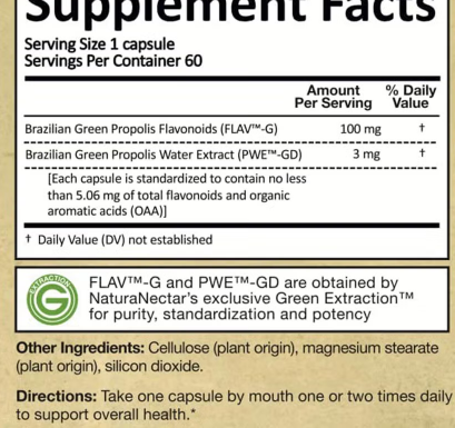NaturaNectar Green Bee Propolis Vegetable Capsule For Brain, Heart & Immune Support 60's