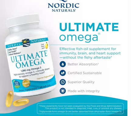 Nordic Naturals Ultimate Omega 3 1280mg Per Serving Fish Oil Supplement Softgels, Pack of 60's Nordic Naturals