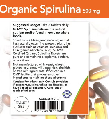 Now Organic Spirulina 500mg Antioxidant Tablets For Overall Health & Wellness, Pack of 200's Now