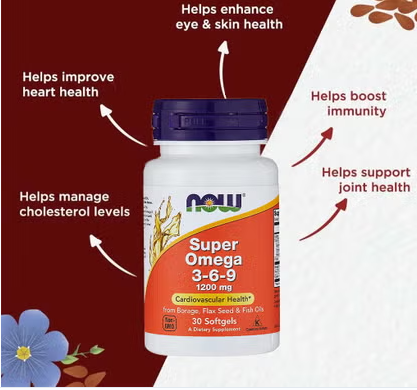 Now Super Omega 3 6 9 Flaxseed Oil, Borage Seed Oil, Fish Oil Supplement Softgels, Pack of 30's NOW