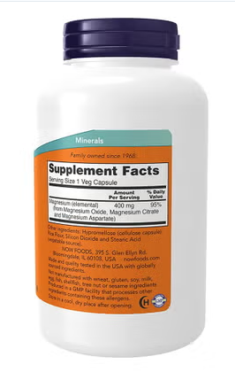 Now Magnesium 400mg Capsules For Energy Production & Nervous System Support, Pack of 180's NOW