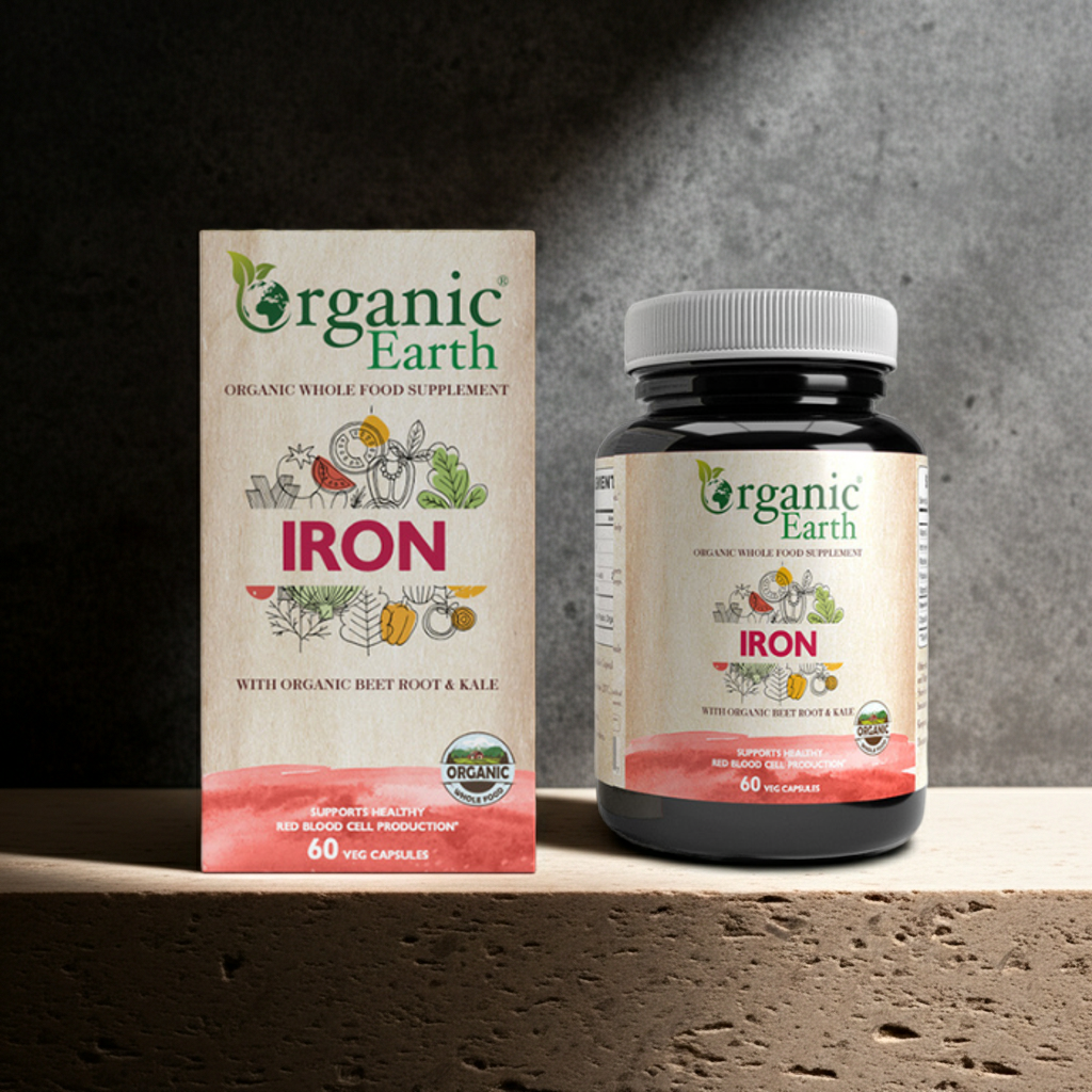 Organic Earth Gentle Iron Supplement with B12, Folate, and Vitamin C for Energy - 60 Capsules