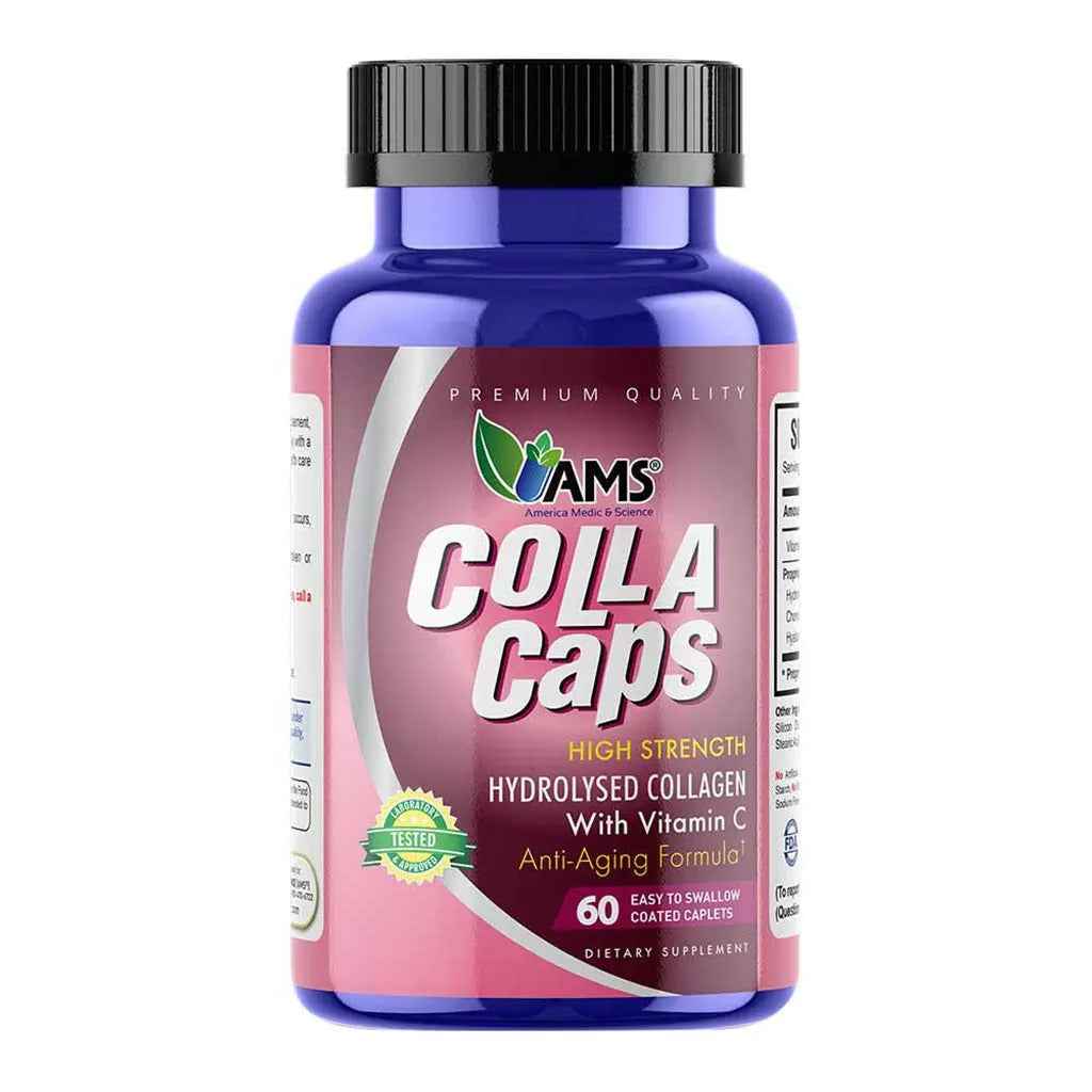 Ams colla caps anti-aging caplets with high strength hydrolysed collagen & vitamin c, pack of 60's