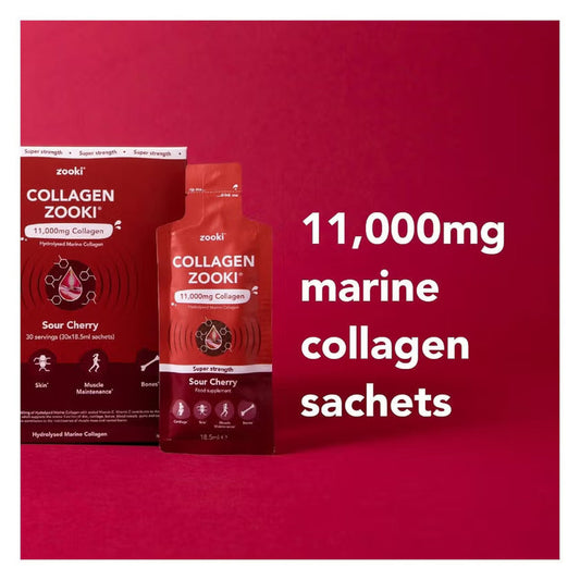 Zooki Super Strength Marine Collagen 11000mg Sour Cherry Flavor Liquid Sachets 18.5ml, Pack of 14's Zooki