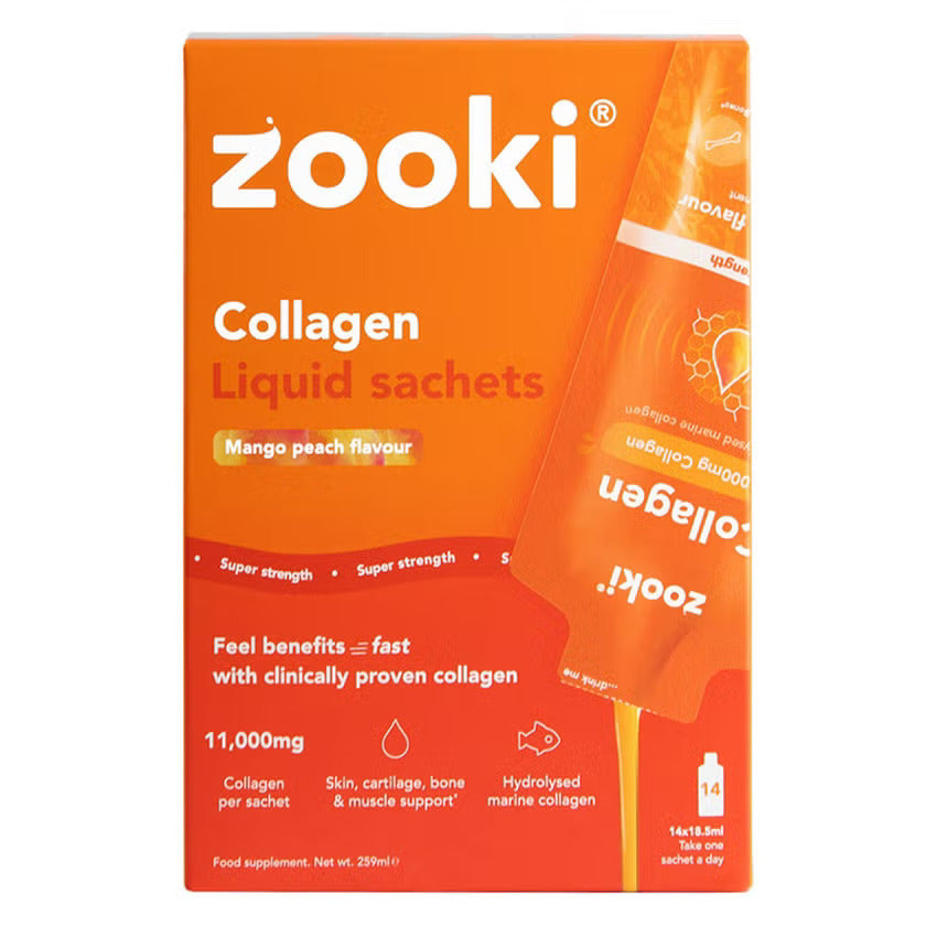 Zooki Super Strength Marine Collagen 11000mg Mango Peach Flavor Liquid Sachets 18.5ml, Pack of 14's Zooki
