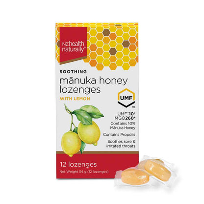 NZ Health UMF 10+ Manuka Honey Lozenges Lemon Soothing Relief with Propolis Menthol & Peppermint Oil - 12s