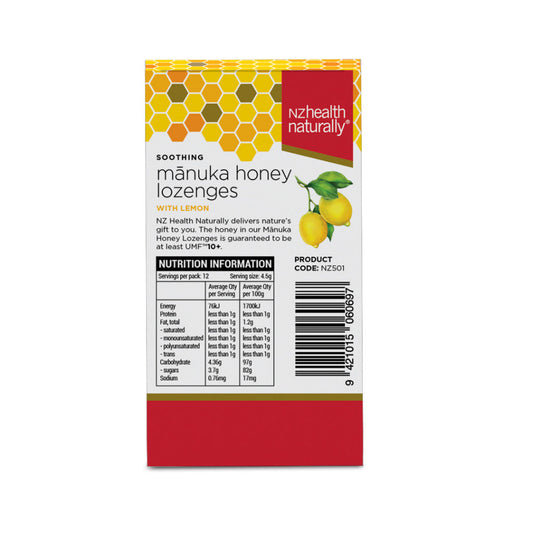 NZ Health UMF 10+ Manuka Honey Lozenges Lemon Soothing Relief with Propolis Menthol & Peppermint Oil - 12s NZ Health