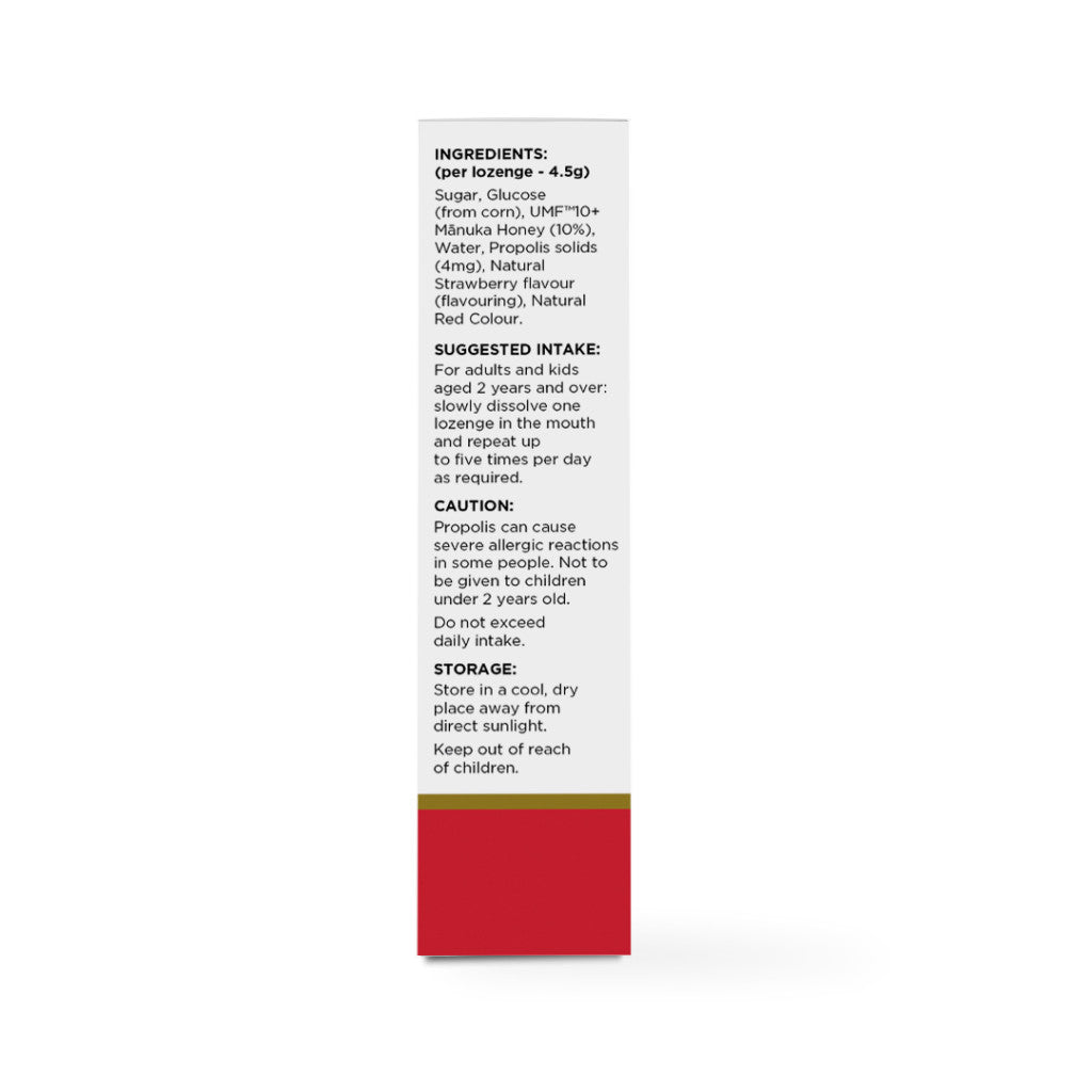 NZ Health UMF 10+ Manuka Honey Kids Lozenges Strawberry - Soothes Sore Throat with Propolis Natural & Safe - 12s