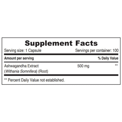 Sunshine Nutrition's Ashwagandha 500 mg Vegetable  Capsules 100's