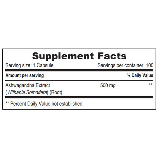 Sunshine Nutrition's Ashwagandha 500 mg Vegetable  Capsules 100's