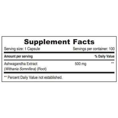 Sunshine Nutrition's Ashwagandha 500 mg Vegetable  Capsules 100's