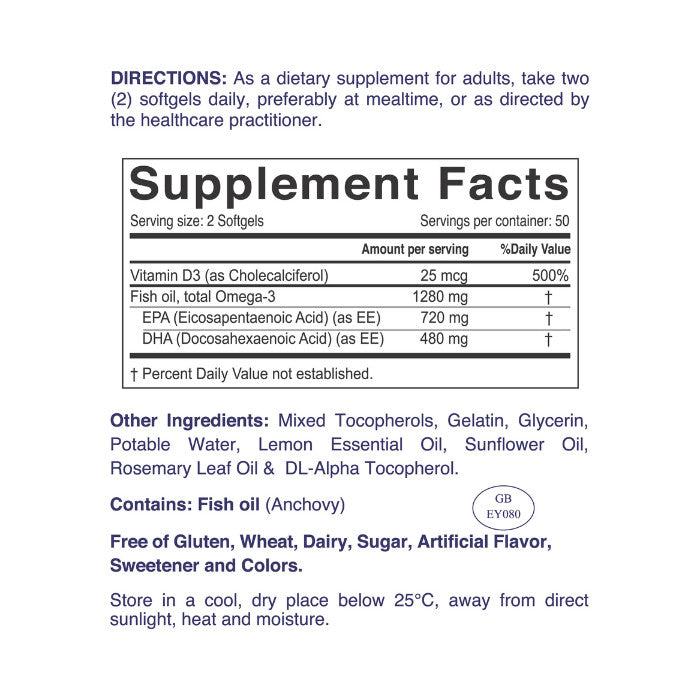 Nordic Sunshine Omega 1280mg with Vitamin D3 25mcg, High Potency EPA+DHA - 100 Softgels Nordic Sunshine