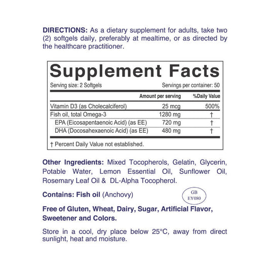 Nordic Sunshine Omega 1280mg with Vitamin D3 25mcg, High Potency EPA+DHA - 100 Softgels Nordic Sunshine