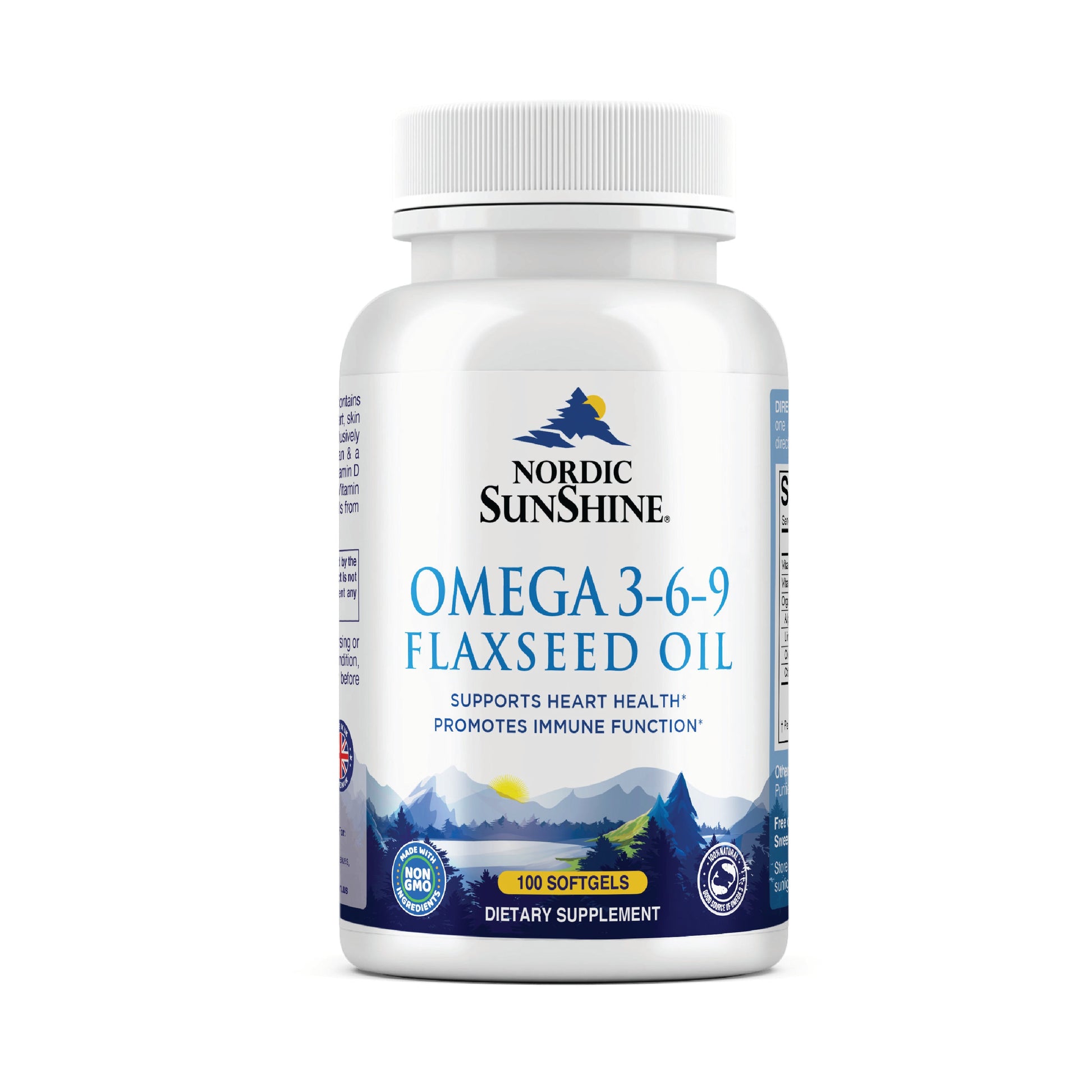 Nordic Sunshine Omega 3-6-9 Flaxseed Oil 1000mg, ALA-Rich Plant-Based Formula with Vitamin D & E for Heart, Brain -100 Softgels Nordic Sunshine