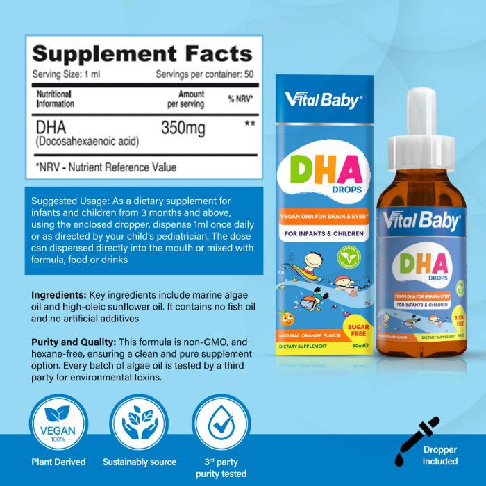 Vital Healthcare Vital Baby DHA Drops, Omega-3 Marine Algae, Vision & Heart Health - 50ml Vital Healthcare