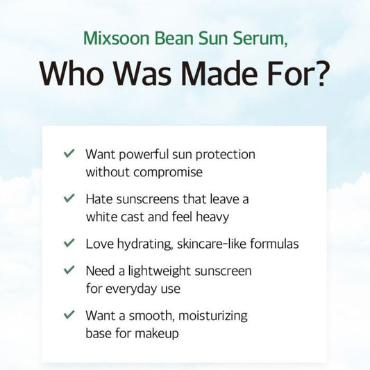 Mixsoon Bean Sun Serum (SPF50+) Lightweight Hydrating Protection with Fermented Soybean Extract - 50ml Mixsoon