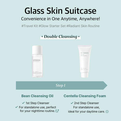 Mixsoon Glass Skin Suitcase – Travel Skincare Set with Bean Cleansing Oil, Centella Foam, Essence and Cream