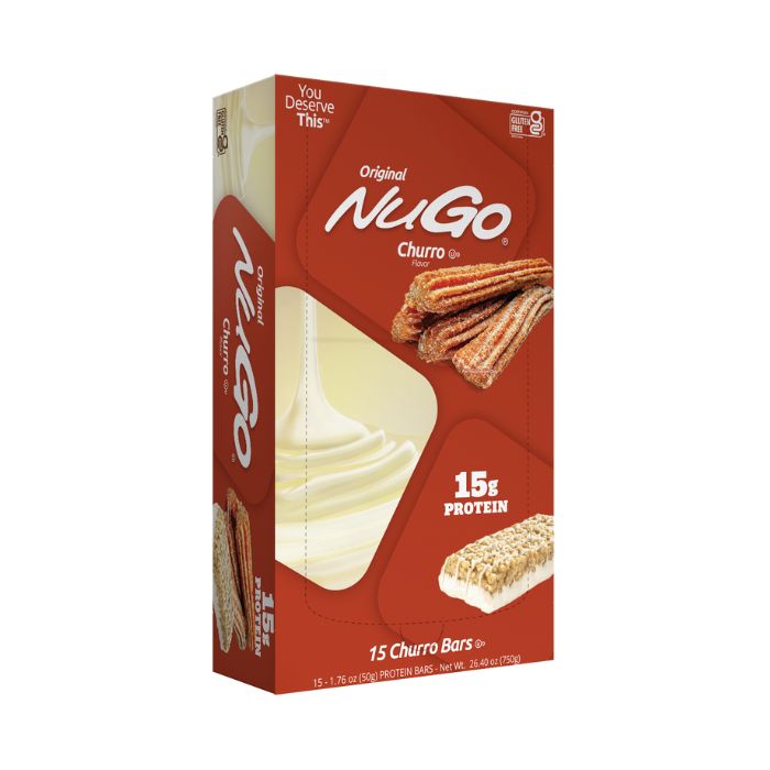 NuGo Original Churro Protein Bar 50g, 15g Protein, Gluten Free, Cinnamon Crunch Yogurt, Pack of 15 pcs NuGo