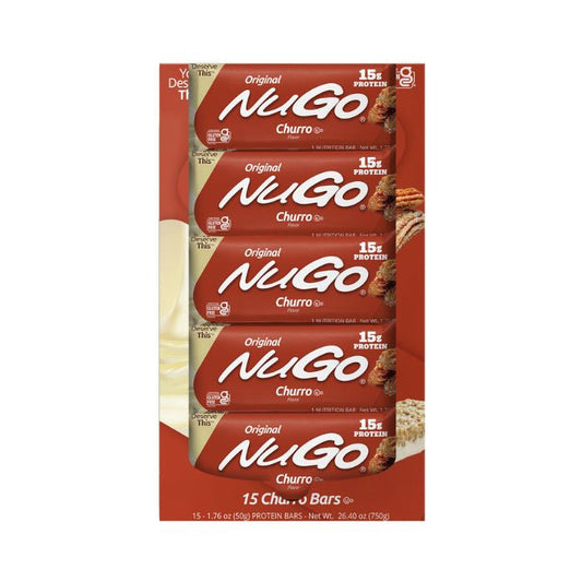 NuGo Original Churro Protein Bar 50g, 15g Protein, Gluten Free, Cinnamon Crunch Yogurt, Pack of 15 pcs NuGo