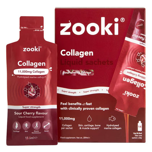 Zooki Super Strength Marine Collagen 11000mg Sour Cherry Flavor Liquid Sachets 18.5ml, Pack of 14's Zooki