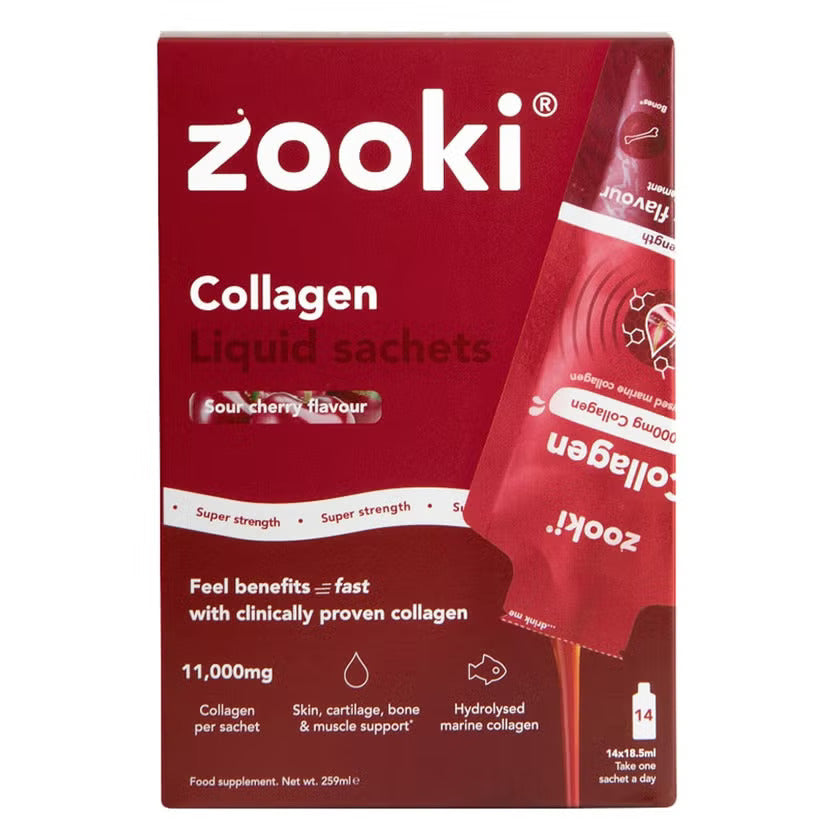 Zooki Super Strength Marine Collagen 11000mg Sour Cherry Flavor Liquid Sachets 18.5ml, Pack of 14's Zooki