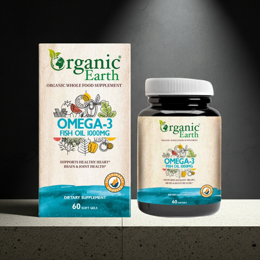Organic Earth Omega-3 Fish Oil 1000mg, EPA & DHA for Heart, Brain and Joint Health - 60 Softgels