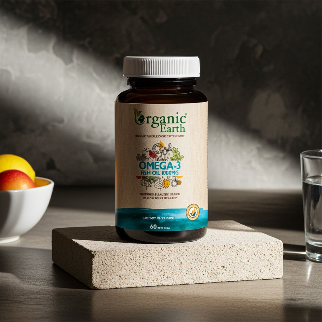 Organic Earth Omega-3 Fish Oil 1000mg, EPA & DHA for Heart, Brain and Joint Health - 60 Softgels