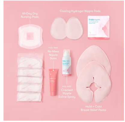 Breastfeeding Survival Kit for Nursing Moms | Reusable Hot+Cold Breast Relief Packs, Hydrogel Nipple Pads, Cracked Nipple Saline Spray, Nipple Balm, Nursing Pads | 13 Piece Gift Set fida mom