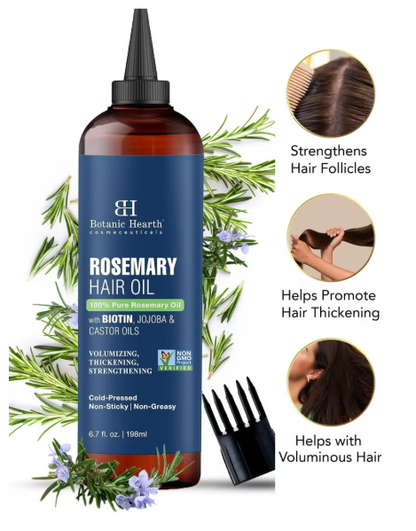 100% Pure Rosemary Oil | 198 ml | For Hair Growth Infused With Biotin | Hair Strenghtening Treatment | Nourishing & Volumizing | With Jojoba Oil & Castor Oil | Non GMO Verified | botanic