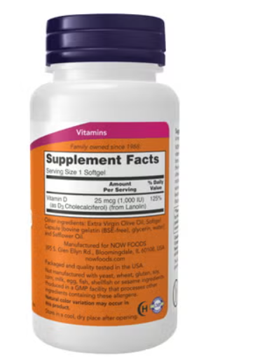 Now High Potency Vitamin D3 1000IU Softgels For Strong Bones & Immune Support, Pack of 180's Now