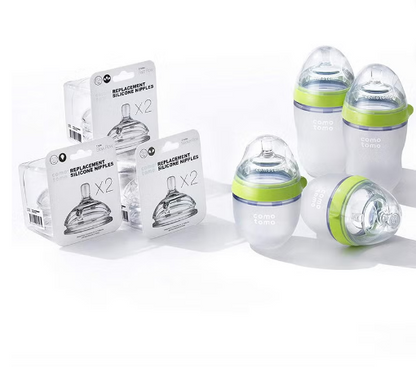 Comotomo Baby Feeding Bottles With Replacement Silicone Nipples-Green, Bundle Pack of 10 Pieces
