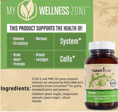 NaturaNectar Green Bee Propolis Vegetable Capsule For Brain, Heart & Immune Support 60's