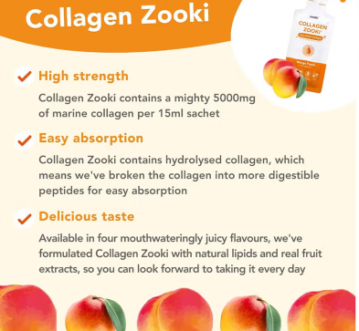 Zooki Marine Collagen 5000mg Mango Peach Flavor Liquid Sachets 15ml, Pack of 14's