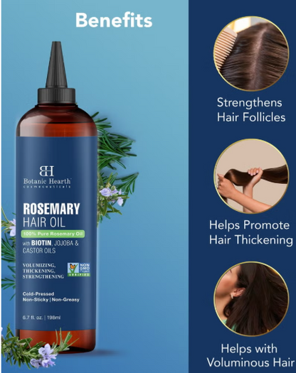 100% Pure Rosemary Oil | 198 ml | For Hair Growth Infused With Biotin | Hair Strenghtening Treatment | Nourishing & Volumizing | With Jojoba Oil & Castor Oil | Non GMO Verified | botanic