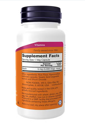 Now Biotin 5000 mcg Vegetarian Capsules For Energy Production, Pack of 60's Now