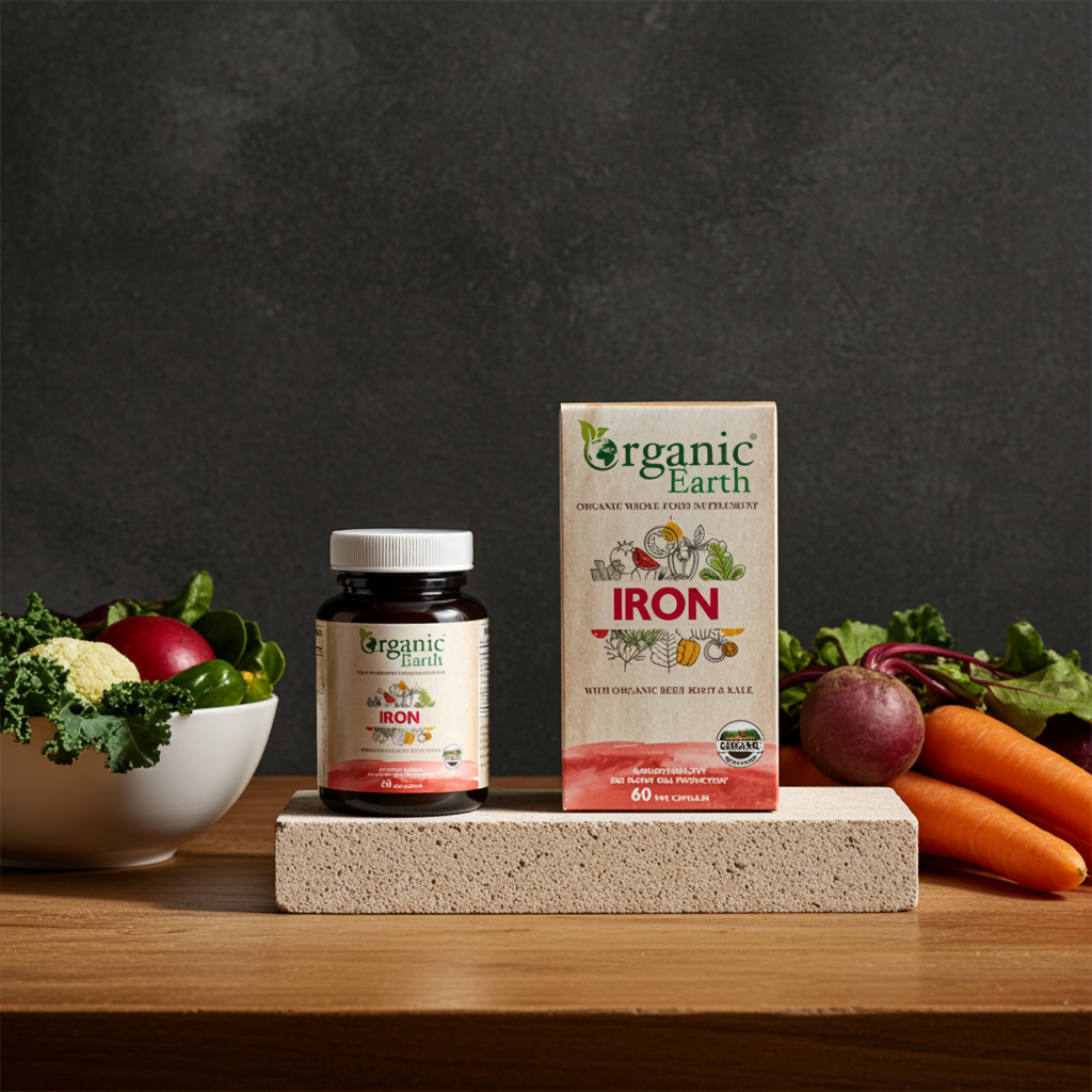 Organic Earth Gentle Iron Supplement with B12, Folate, and Vitamin C for Energy - 60 Capsules