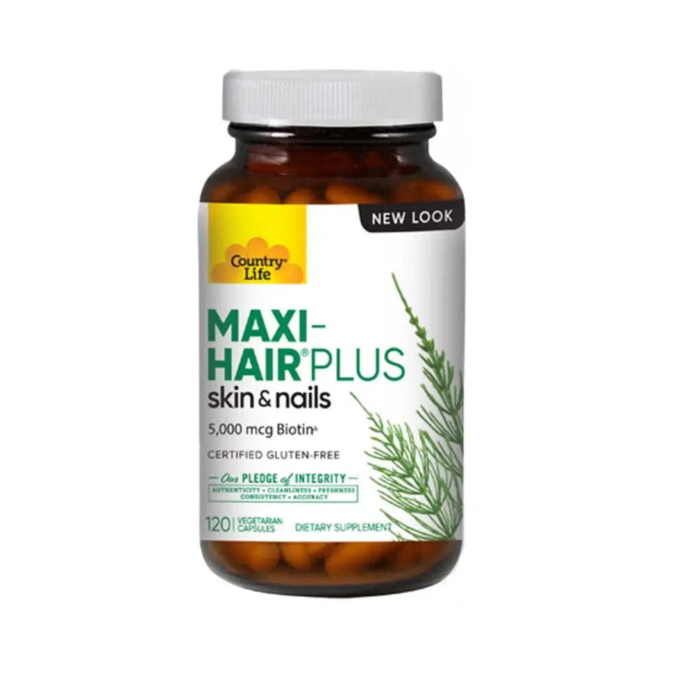 Country Life Maxi-Hair Plus Biotin 5000mcg Skin, Hair & Nails Supplement Capsules, Pack of 120's Country Life