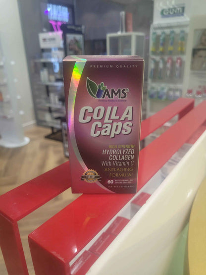 Ams colla caps anti-aging caplets with high strength hydrolysed collagen & vitamin c, pack of 60's